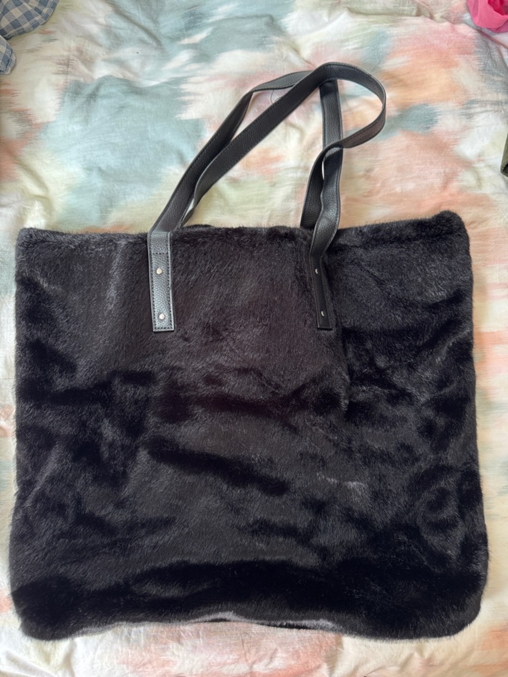 Black Faux Fur Tote Bag with Shoulder Straps